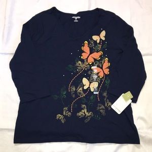 Breckenridge petite large, navy blue shirt with butterflies.
